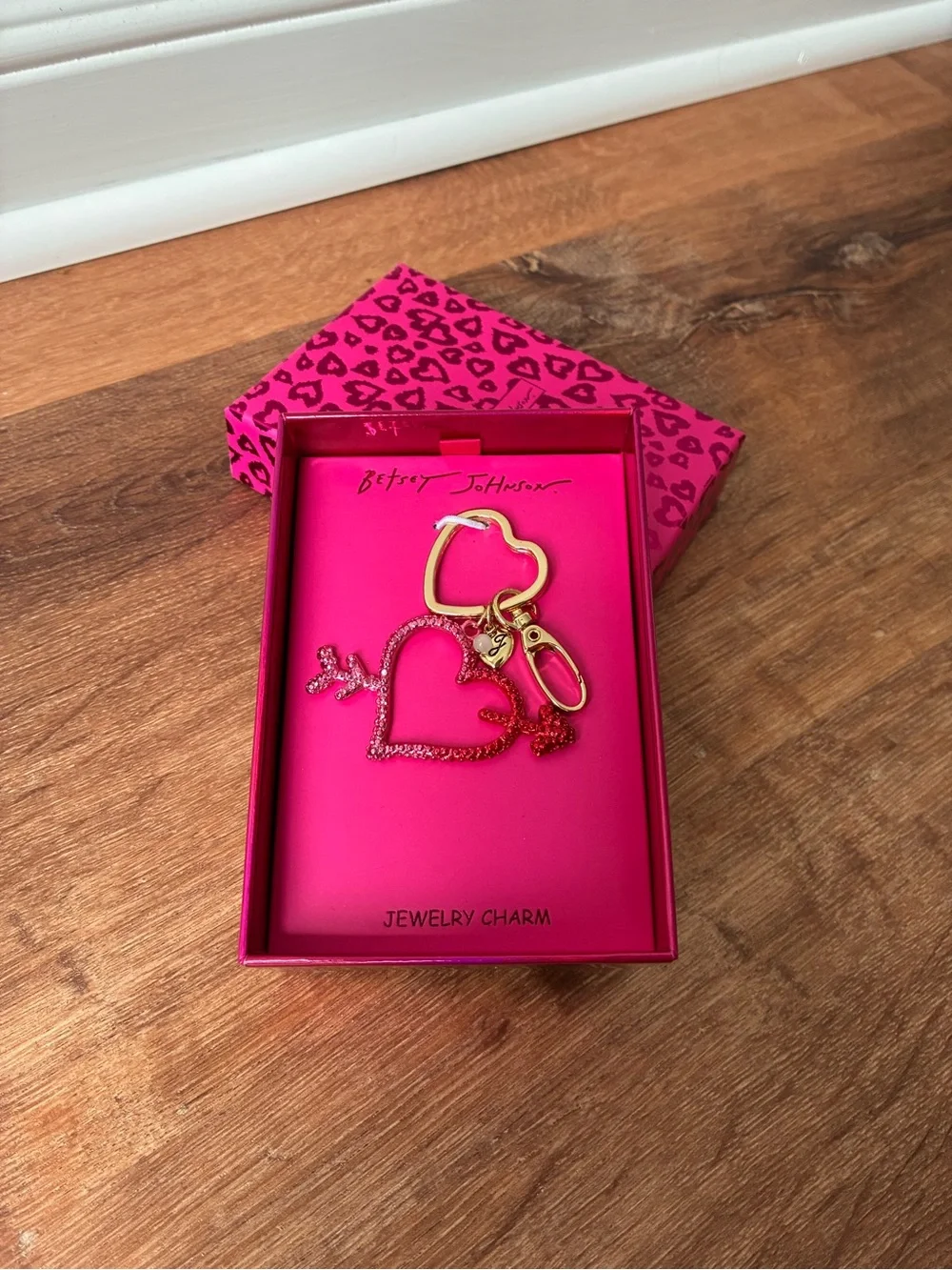 Betsey Johnson Hot Pink Heart Arrow Key & Card Holder Charm with Gold Accents